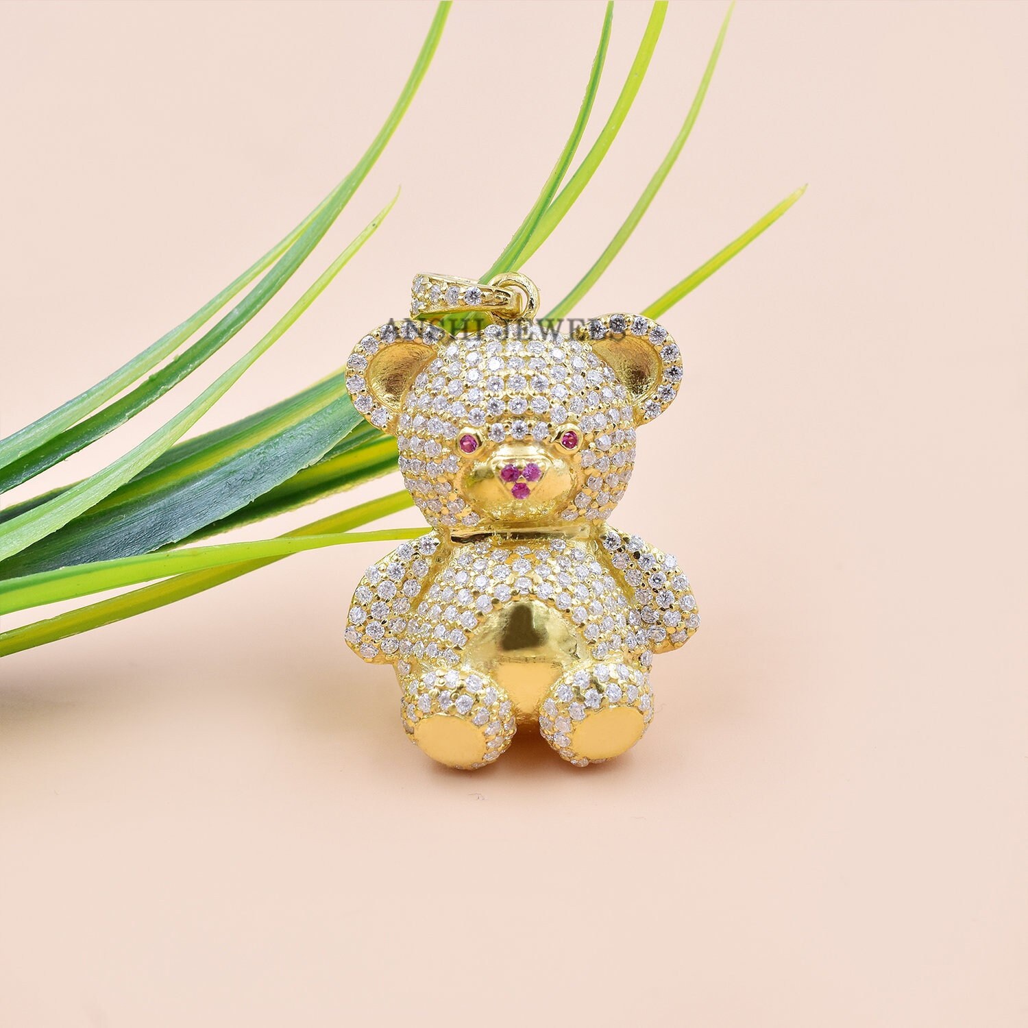 14K Vergoldet Teddybär Anhänger, Pave Moissanite Designer Silber Anhänger Schmuck von Anshijewels