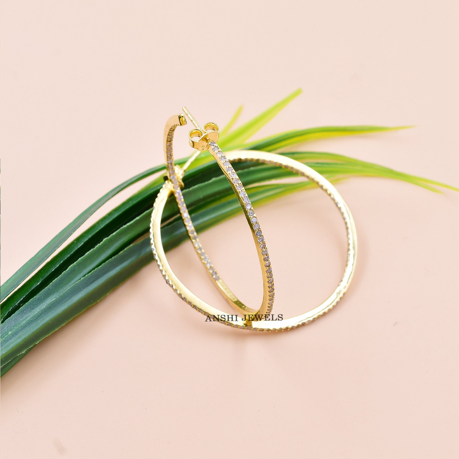 Gehämmte Diamant Ohrringe, 14K Gold Vermeil Inside Out Hoop Ohrring, Frau Ohrring Schmuck, Geschenk Für Sie von Anshijewels