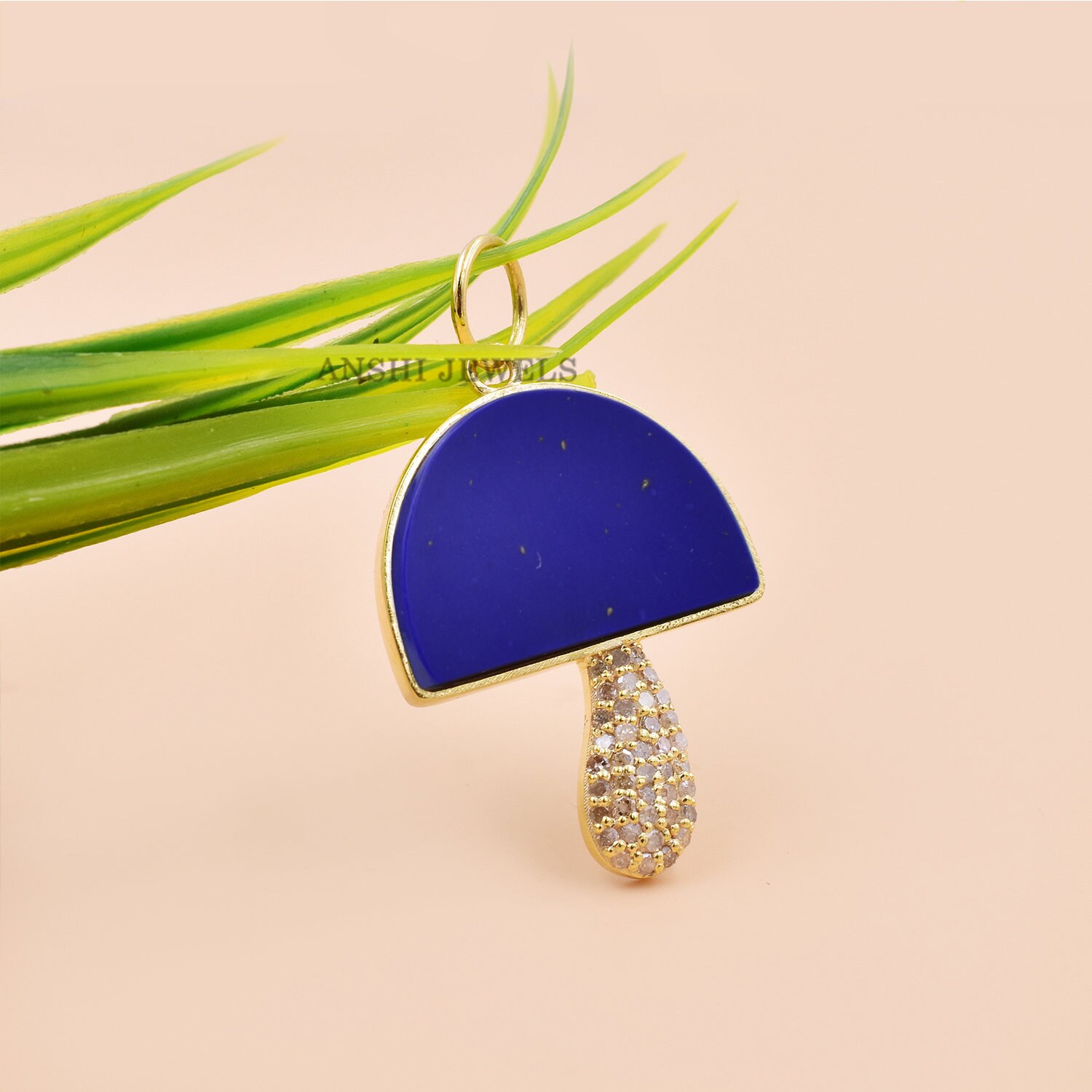 Lapis & Diamant Pilz Anhänger, 14K Gelbgold Pilz, Designer Edelstein Schmucklieferant von Anshijewels