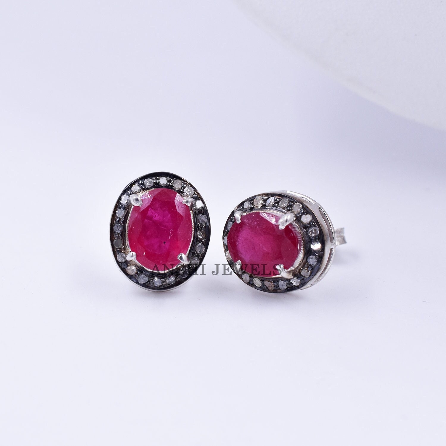 Natürliche Rosa Saphir Ohrstecker, Pave Diamant Edelstein Handgemachte Ohrstecker Schmuck von Anshijewels