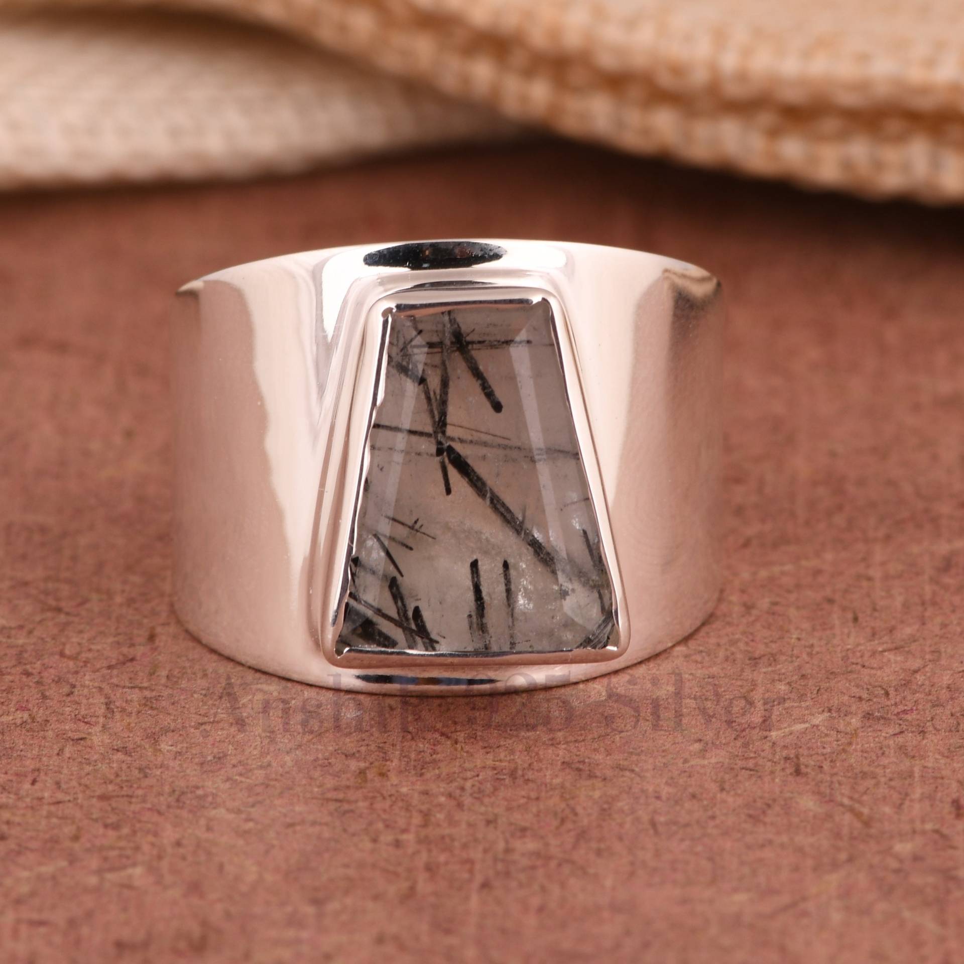 Breites Band Schwarz Rutil Ring Männer Frauen, 925 Sterling Silber Verlobung Ehering, Schwarzer Edelstein Ring, Designer Geschenk Für Sie von Anshik925Silver