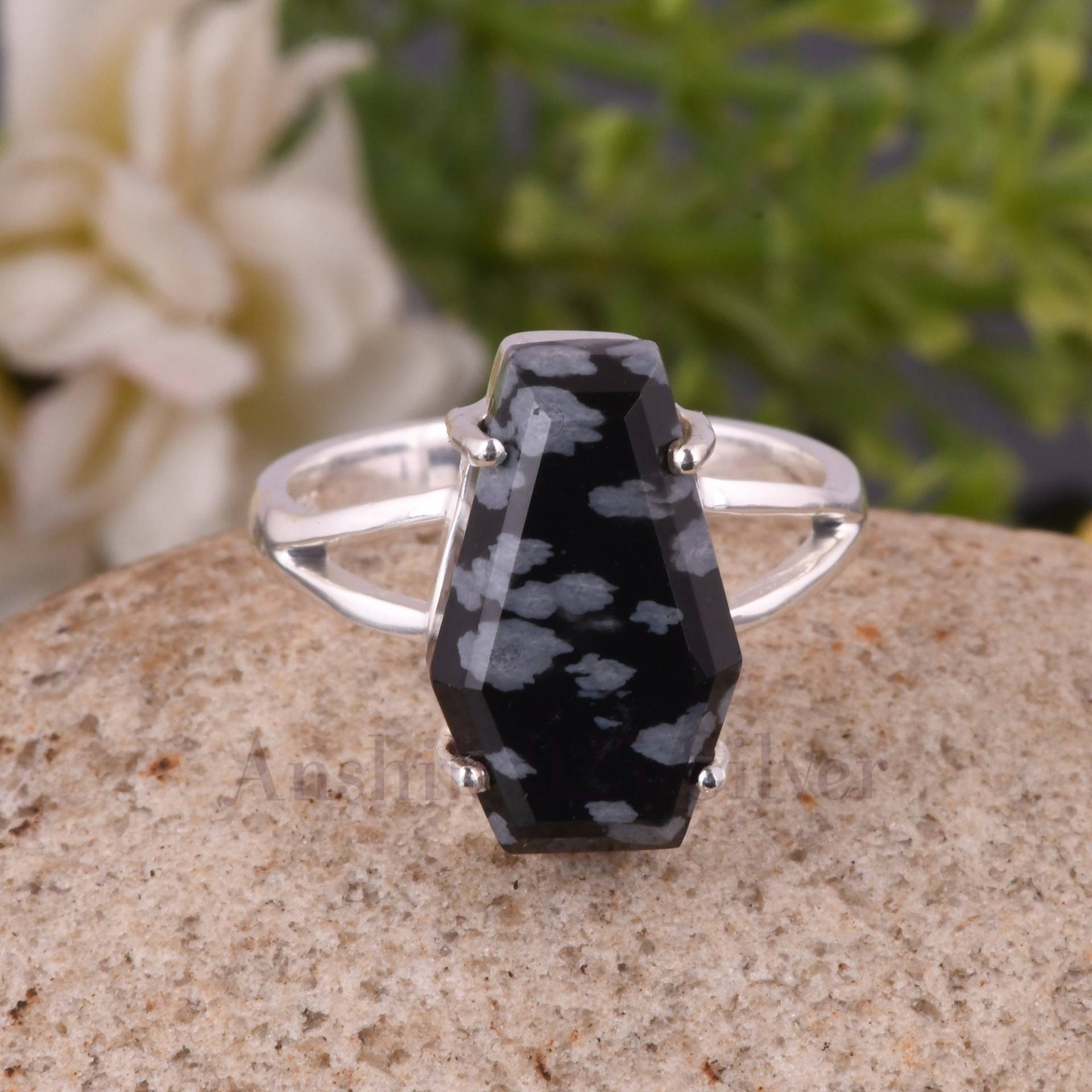 Schneeflocken Obsidian Ring, Halloween Geschenke - Ringe Für Mädchen 925 Sterling Silber Boho Ring Sie von Anshik925Silver