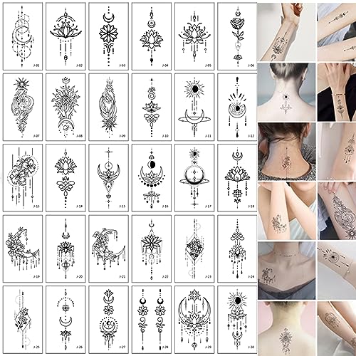 Tattoos Erwachsene,30pcs Temporäre Tattoos,Temporäre Tätowierung,Wasserdicht Realistische Weltraumplaneten Kette Temporäre Tattoos Set,Einzigartige Schwarz Temporäre,Für Frauen Mädchen Körperkunst von Ansodo