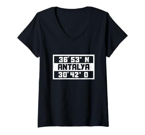 Damen Antalya Koordinaten Türkei Urlaub Reise Türkiye Antalya T-Shirt mit V-Ausschnitt Damen Antalya Koordinaten Türkei Urlaub Reise Türkiye Antalya T-Shirt mit V-Ausschnitt von Antalya Türkei Urlaub Mittelmeer Geschenkidee