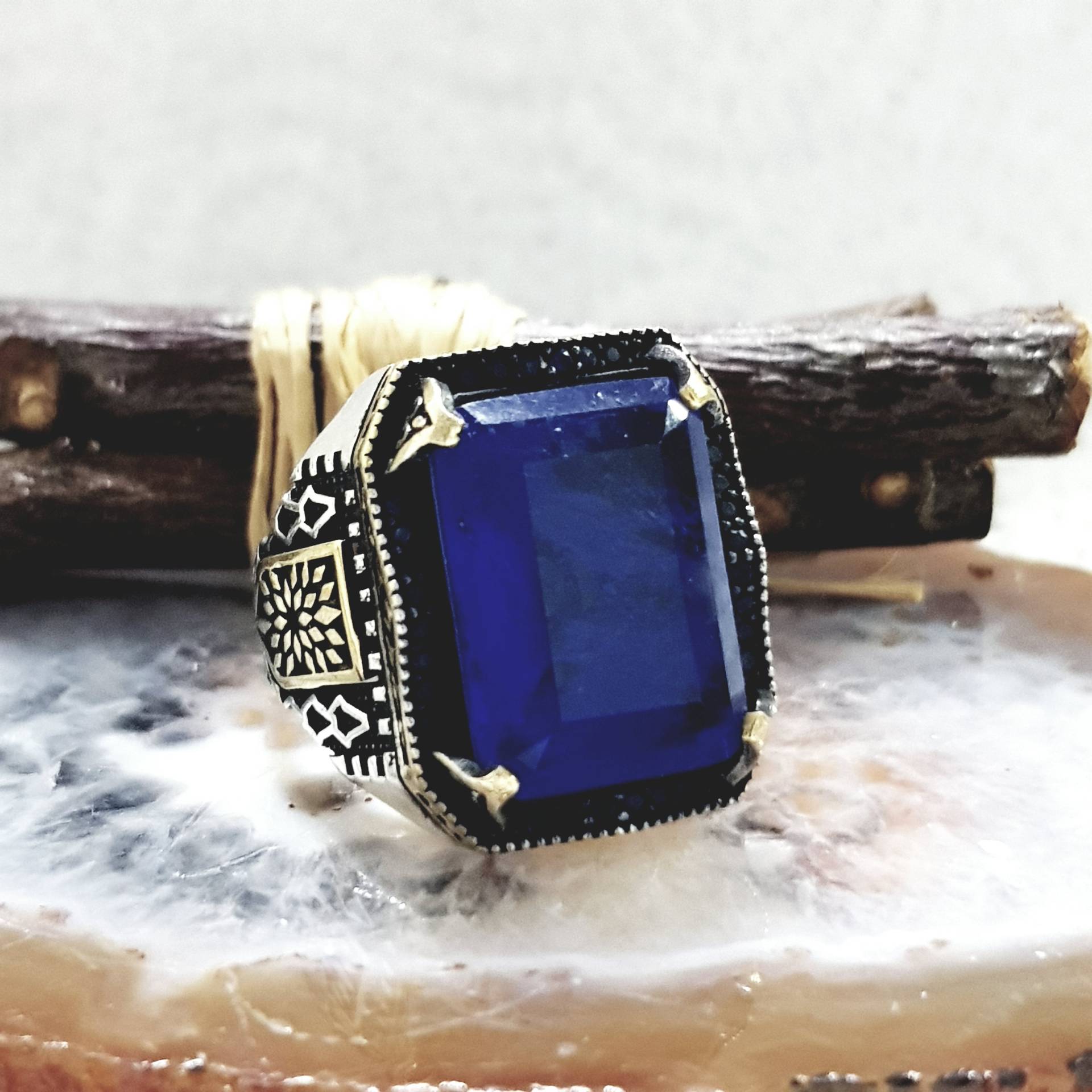 Blue Mens Handmade Ring, Turkish Silver Men Ottoman Sapphire Ring, Micro Pave Setting , 925K Sterling Ring von Antalya2020