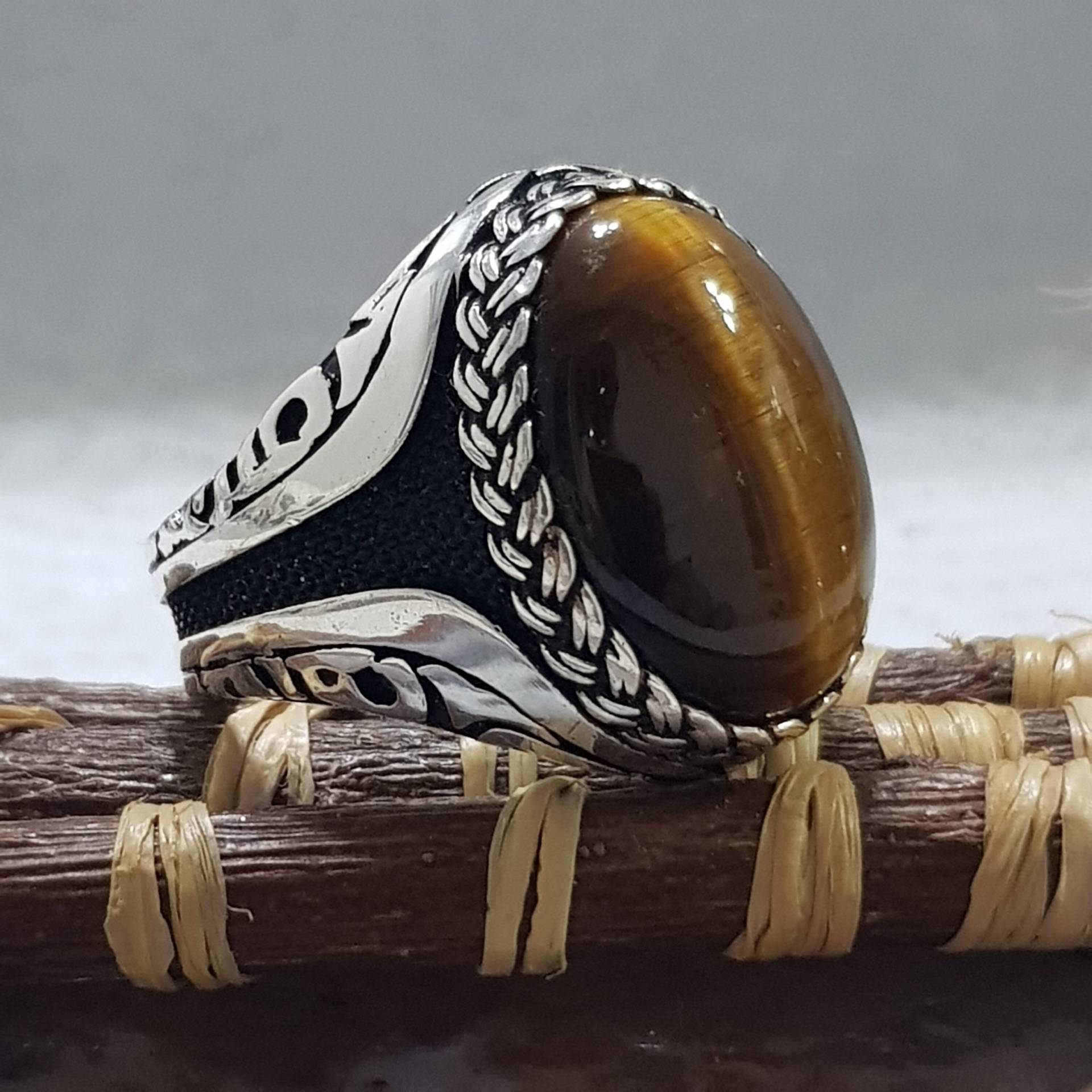 Oval Tiger Eye Mens Ring, Ivy Design Brown Gemstone Turkish 925 Sterling Silver Men Vintage Style Jewelry, Valentine's Day Gift von Antalya2020