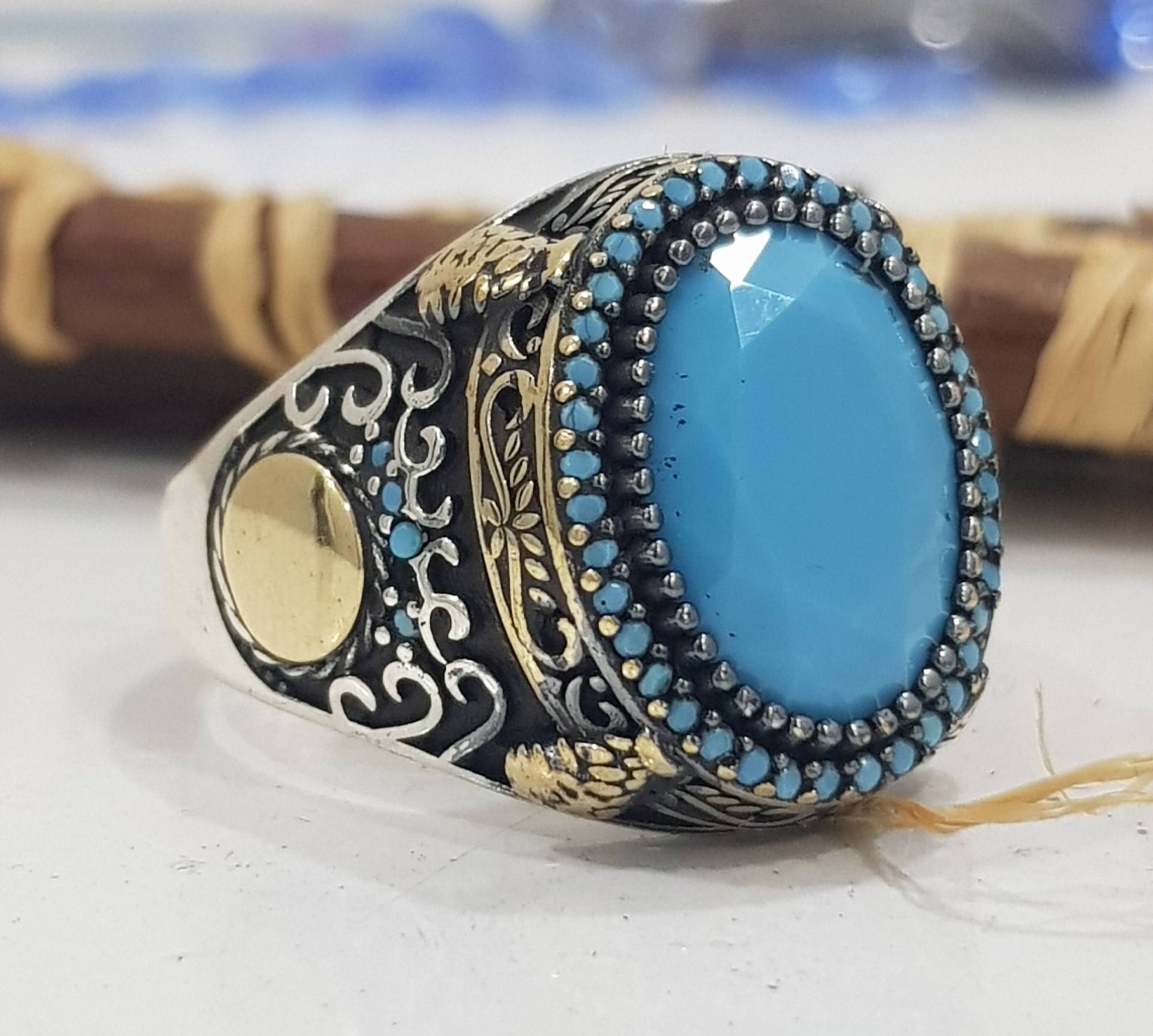 Vintage Blue 925 Sterling Silver Blue Crystal Memorial Class Ring Jewelry With Eagle For Men All Sizes, Gift For Him von Antalya2020