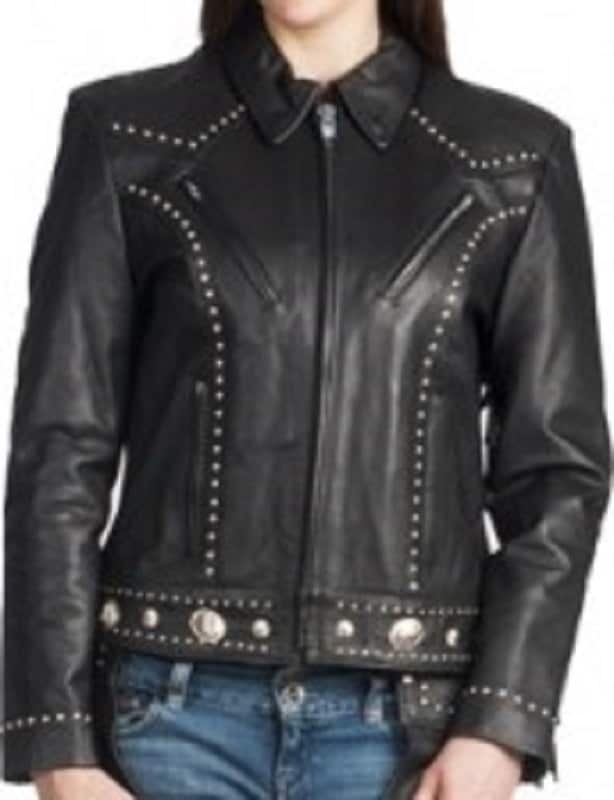 Schwarze Damenjacke Mit Nieten, Fransen Und Conchos von AntelopeCreekLeather