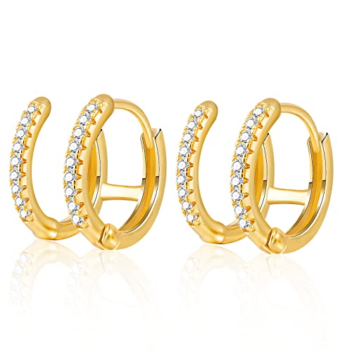 Anten Pink Huggie-Ohrringe, Gelbgold, 18 Karat Echtvergoldet, Doppelte Creolen mit Zirkonia, Hypoallergene Ohrringe, Trendiger Schmuck für Frauen Anten Pink Huggie-Ohrringe, Gelbgold, 18 Karat Echtvergoldet, Doppelte Creolen mit Zirkonia, Hypoallergene Ohrringe, Trendiger Schmuck für Frauen von Anten Pink