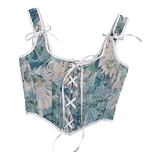 Damen Vintage Floral Print Vest Blumenstickerei Muster Tight Drawstring Tie-up Tank Bustier Korsett von Antermaxier