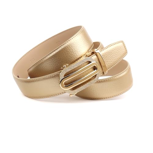 Anthoni Crown Damen Automatikgürtel – Exklusiver Damen-Ledergürtel aus goldfarbenem Leder mit Automatikschließe und rotem Zahnrad – 3,5 cm (110) von Anthoni Crown
