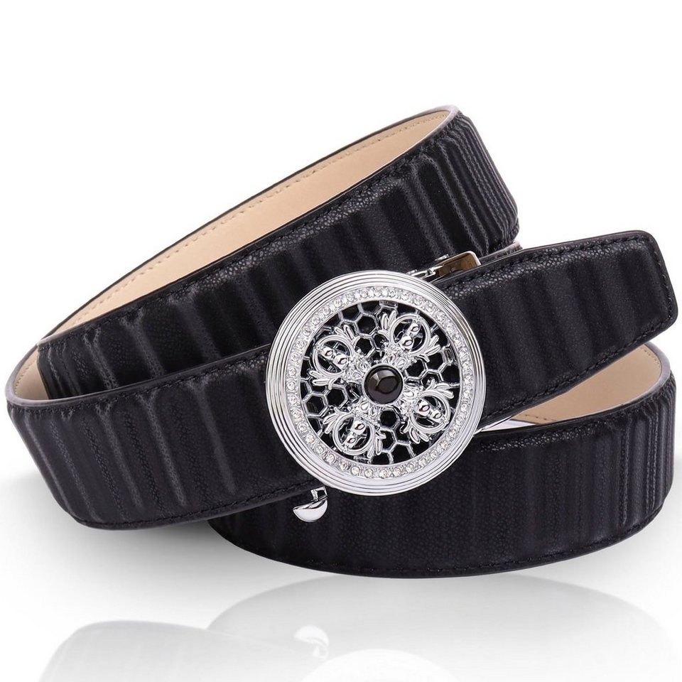 Anthoni Crown Ledergürtel mit drehendem Kronen-Kreuz, funkelnde Glitzersteine von Anthoni Crown