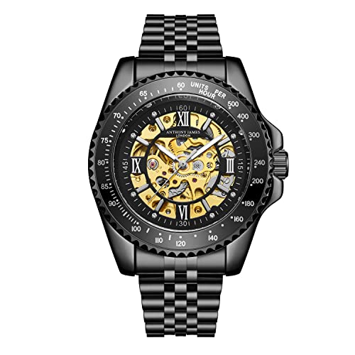 Anthony James Tachymeter Sport-Automatikarmbanduhren für Herren – handmontiert, Wasser- und Kratzfest – Analoguhr mit Schleppzeiger – automatische Skelettuhr – Shwartz von Anthony James