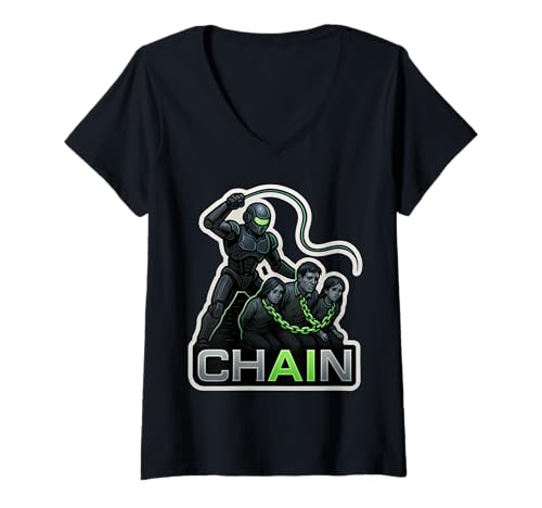 Damen Anti AI Aktivist Kette Künstliche Intelligenz Sklaverei Roboter T-Shirt mit V-Ausschnitt von Anti AI Activist Chain Slavery Robot Products