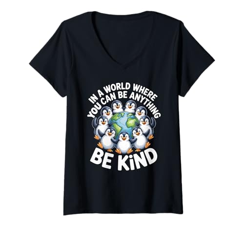 Damen Be Kind Pinguin Anti-Mobbing Kindness Bewusstsein T-Shirt mit V-Ausschnitt von Anti-Bullying Awareness Cute Penguin