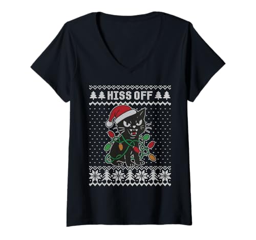 Damen Hiss Off cat Ugly Christmas Sweater zissing cat Pun T-Shirt mit V-Ausschnitt von Anti Christmas ugly sweater