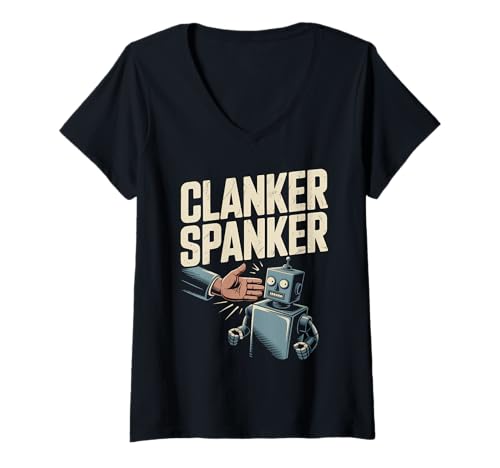 Damen Funny Clanker Künstliche Intelligenz gegen KI T-Shirt mit V-Ausschnitt von Anti Clanker