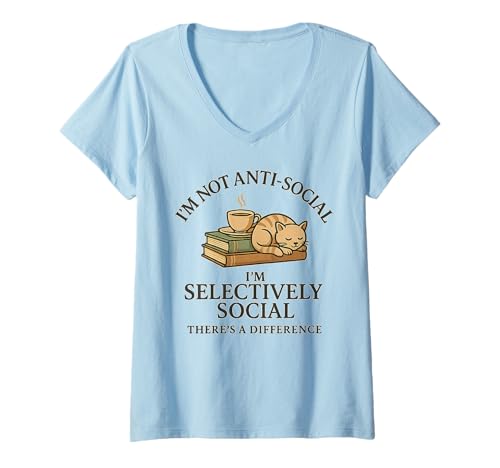 Damen I'm Not Anti-Social Selective Social Cat Books Coffee T-Shirt mit V-Ausschnitt von Anti-Social Shirts & Gifts HHWCo.