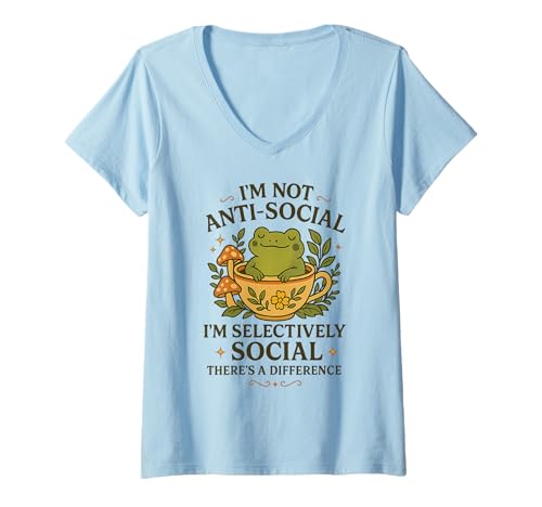Damen I'm Not Anti-Social Selective Social Cute Frog Sarcasm T-Shirt mit V-Ausschnitt von Anti-Social Shirts & Gifts HHWCo.