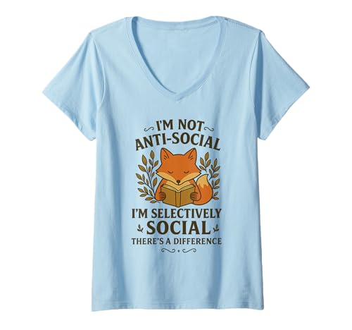 Damen I'm Not Anti-Social Selective Social Fox Book Reading T-Shirt mit V-Ausschnitt von Anti-Social Shirts & Gifts HHWCo.