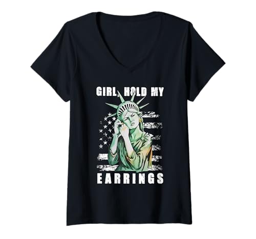 Damen Girl Hold My Earring Kampfmodus Freiheitsstatue Anti Trump T-Shirt mit V-Ausschnitt Damen Girl Hold My Earring Kampfmodus Freiheitsstatue Anti Trump T-Shirt mit V-Ausschnitt von Anti Trump Statue Of Liberty Resist Hands Off