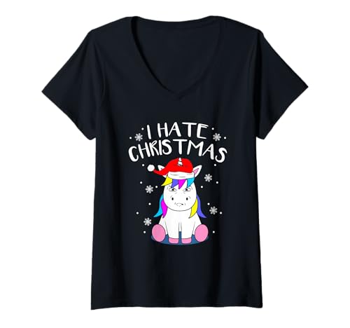 Damen Anti Weihnachten Einhorn Motiv I Hate Christmas Unicorn T-Shirt mit V-Ausschnitt von Anti Weihnachten Hate Christmas Einhorn Geschenk