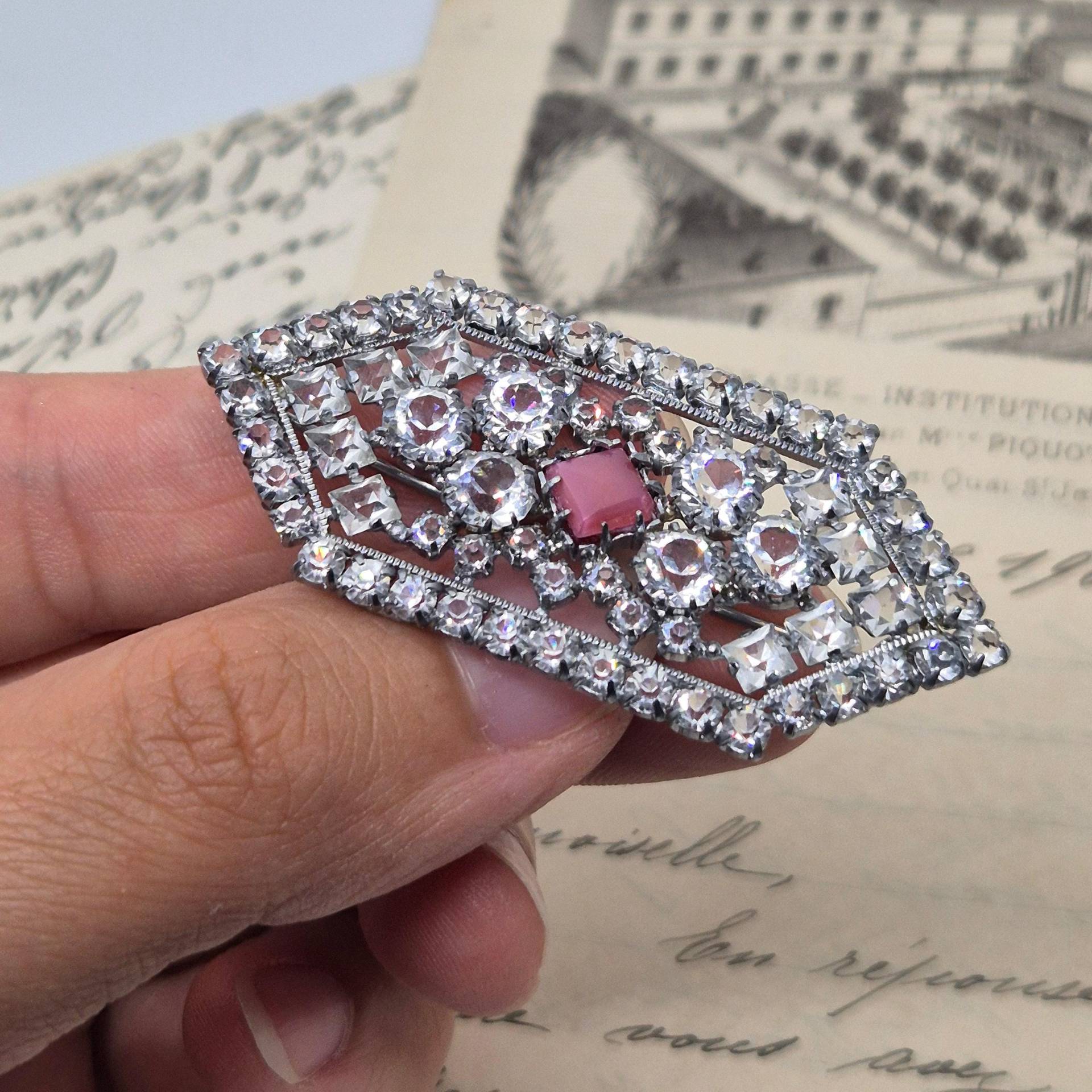 50Er Jahre Vintage Brosche Glitzer Strass Silber Art Deco Rosa von AntikStorys