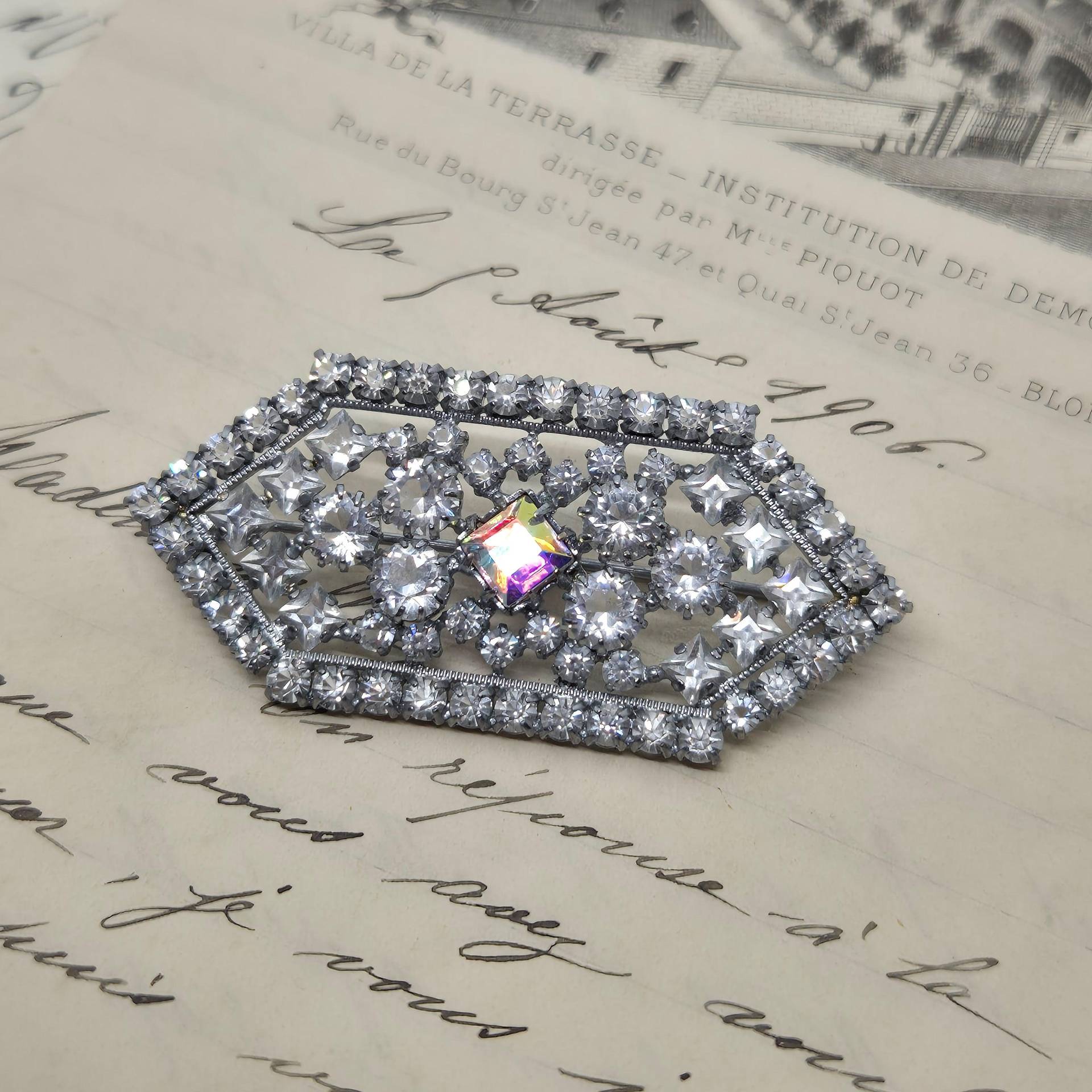 50Er Jahre Vintage Brosche Glitzer Strass Silber Art Deco Rosa von AntikStorys