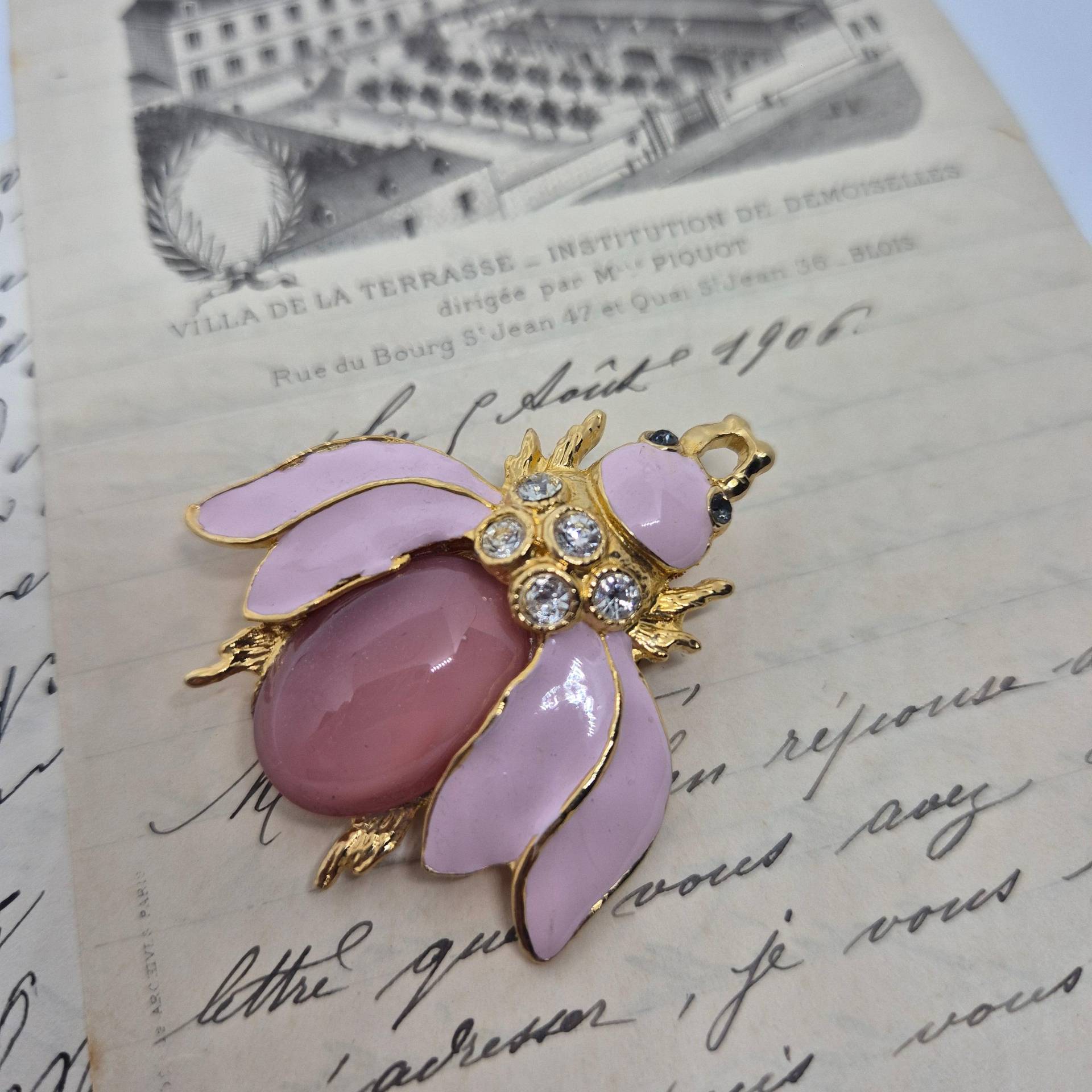 50Er Jahre Vintage Brosche Großer Käfer Biene Rosa Gold Strass 5cm von AntikStorys