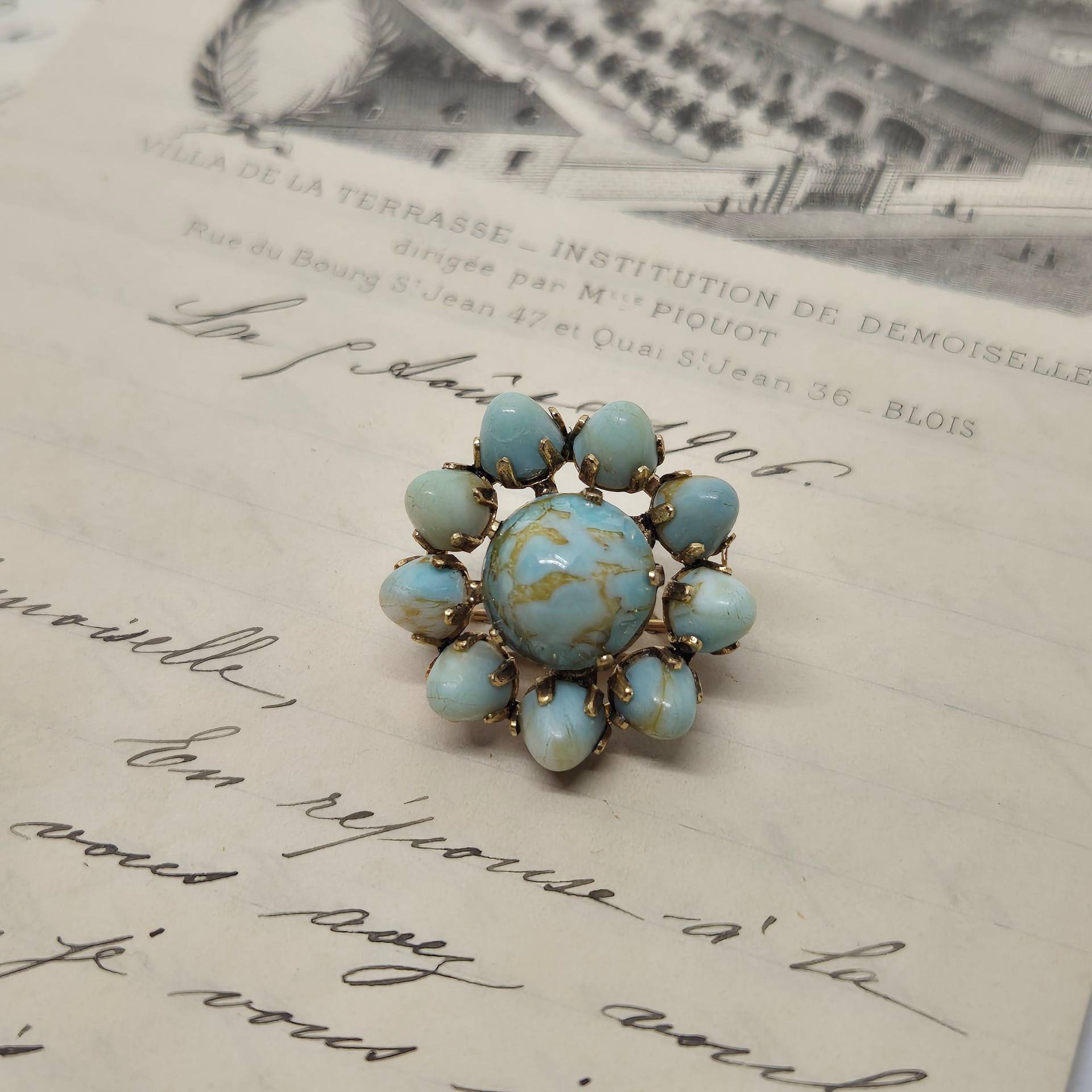 50Er Jahre Vintage Brosche Hellblau Marmoriert Gold Vogelnest Eier Nummer 41 von AntikStorys