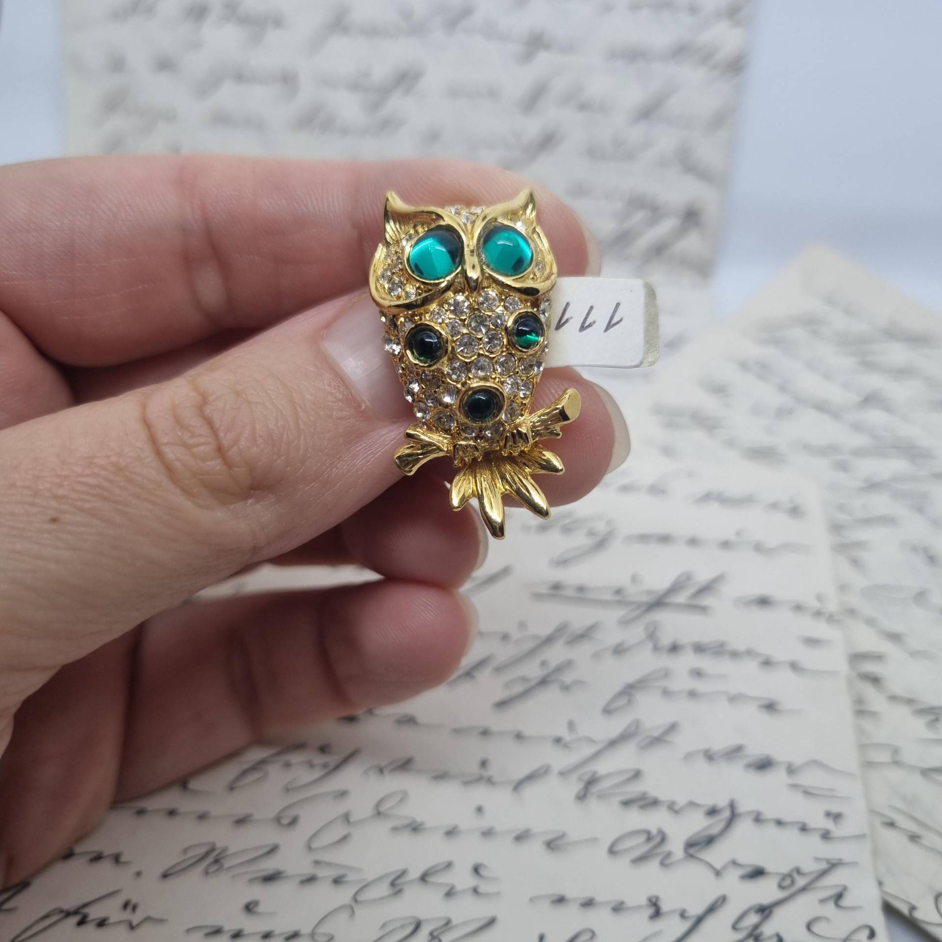 Antike Jugendstil Eule Brosche Antik 50Er Jahre Gold Grün Strass Glitzer von AntikStorys