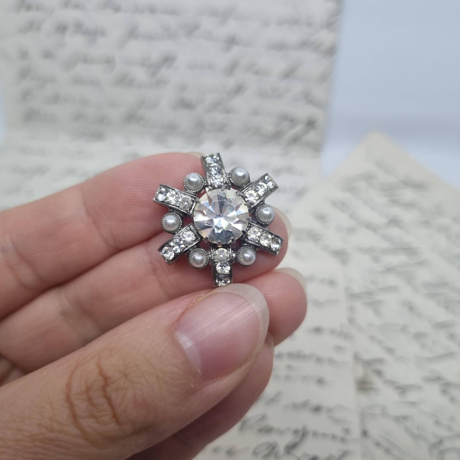 Einzigartige Vintage Brosche Antik 50Er Jahre Art Deco Schneeflocke Strass Perlen Silber von AntikStorys