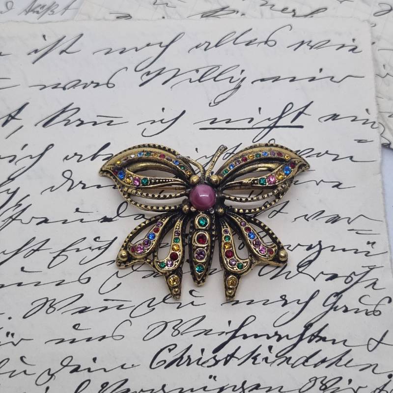 Einzigartige Vintage Brosche Antik 50Er Jahre Art Jugendstil Schmetterling Gold Strass von AntikStorys
