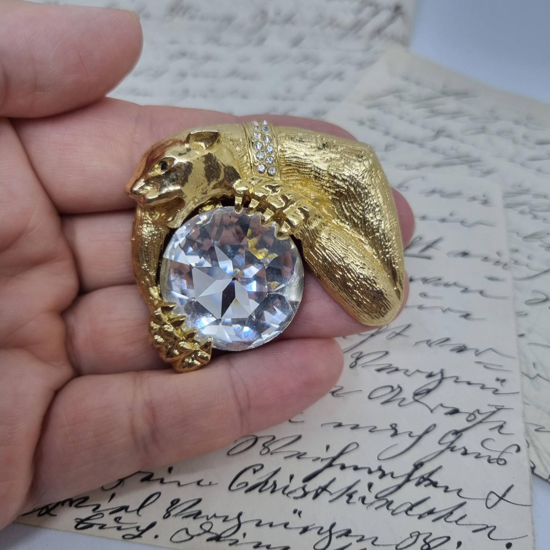 Einzigartige Vintage Brosche Antik 50Er Jahre Gold Puma Raubkatze Strass Edelstein von AntikStorys