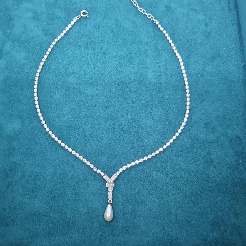 Strasssteinkette Vintage Collier Halskette Strass Kette Modeschmuck Funkelnde Steine Mit Perlen von AntikStorys