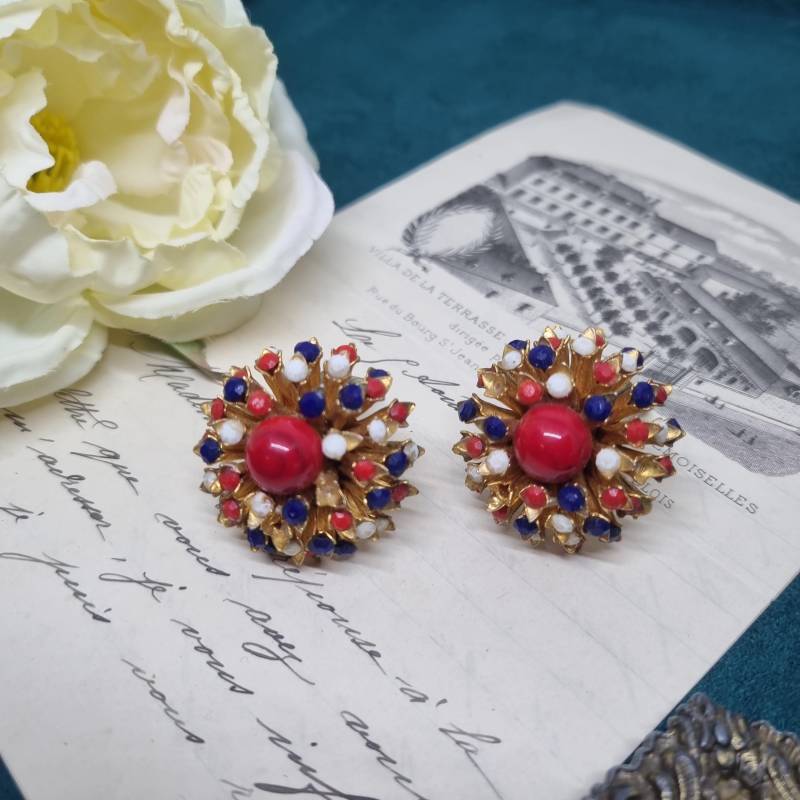 Vintage Ohrclips 50Er Jahre Massive Runway Ohrringe/Made in West Germany Statement Clips Gold Blau Rot von AntikStorys