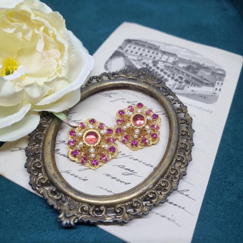 Vintage Ohrclips 50Er Jahre Massive Runway Ohrringe/Made in West Germany Statement Clips Gold Strass Rosa von AntikStorys