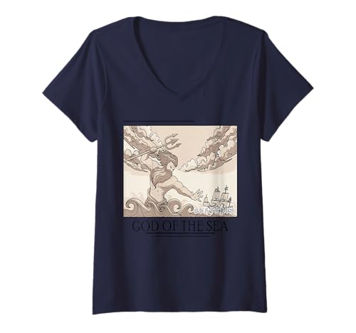 Damen Poseidon Meeresgott Sturm Trident Wellen Mythos T-Shirt mit V-Ausschnitt von Antike Ozeanlegenden Griechischer König