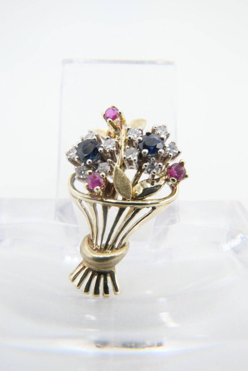 1980Er Florale Blumenkor 585 14K Bicolor Gold Brosche Brillanten Rubinen Saphire 1980Er Florale Blumenkor 585 14K Bicolor Gold Brosche Brillanten Rubinen Saphire von AntikhandelStuttgart