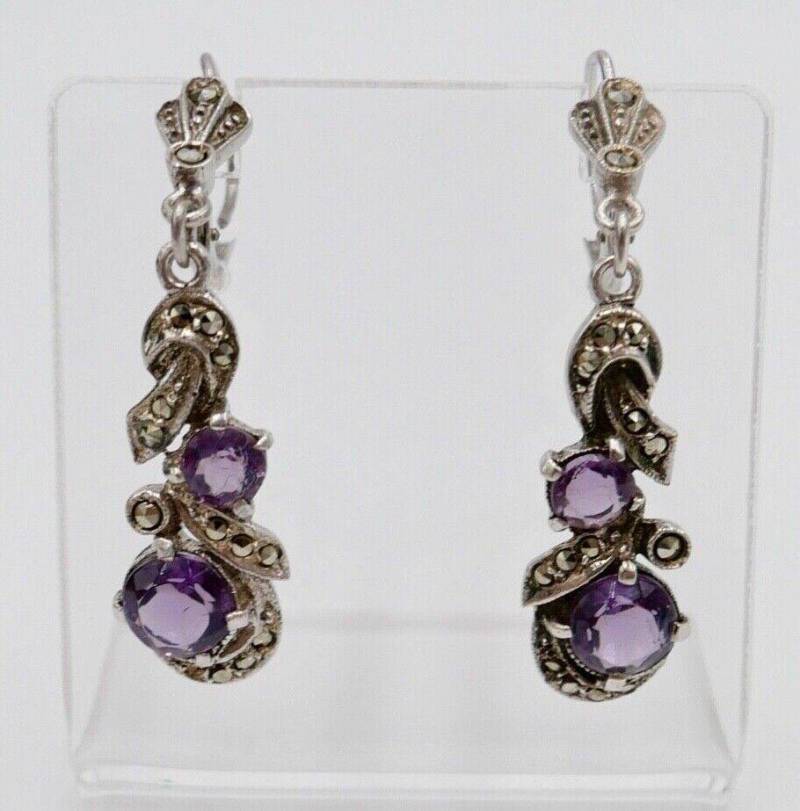 50Er Jahre Ohrringe Ohrhänger 935 Silber Mit Markasiten Und Lila Glassteinen von AntikhandelStuttgart