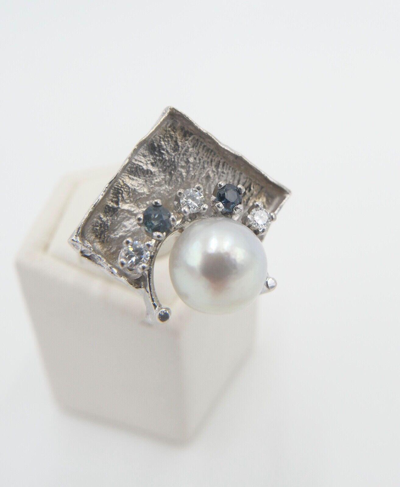 70Er Jahre Massiver Damenring Brillant Saphir Perle Weißgold 750/18K Gr. 55 von AntikhandelStuttgart