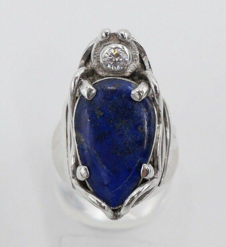80Er Silberrring Design Damen Lapislazuli Und Zirkonia Käfer Gr. 58 Silber 980 von AntikhandelStuttgart