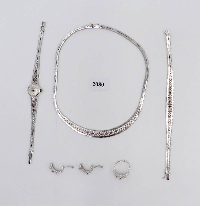 835 Silber Rubin Set Quot; Armband Ring Uhr Ohrringe Collier 1970Er Jahre von AntikhandelStuttgart