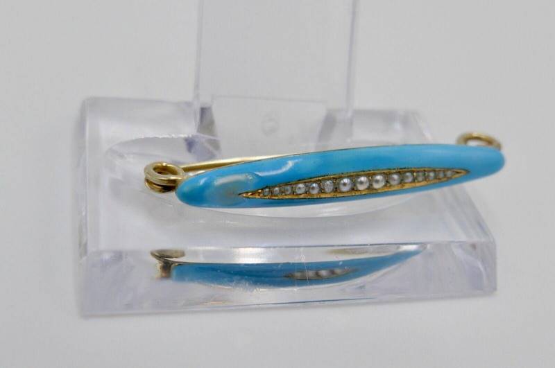 Antike Brosche Anstecknadel Mit 15 Saatperlen 585 14K Gold Blaue Emaile von AntikhandelStuttgart