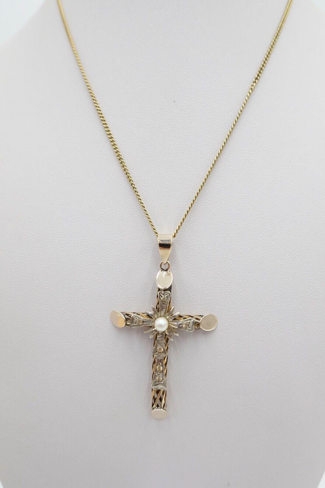 Antiker Kreuzanhänger Gold Platiniert Gedrechselt 585/14K Mit Perle Glas von AntikhandelStuttgart