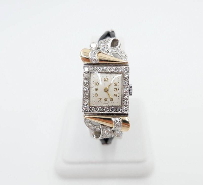 Art Deco Damen Armbanduhr 750/18K Weiß Gelb Gold 48x Diamant Brillant 2, 16 Ct von AntikhandelStuttgart