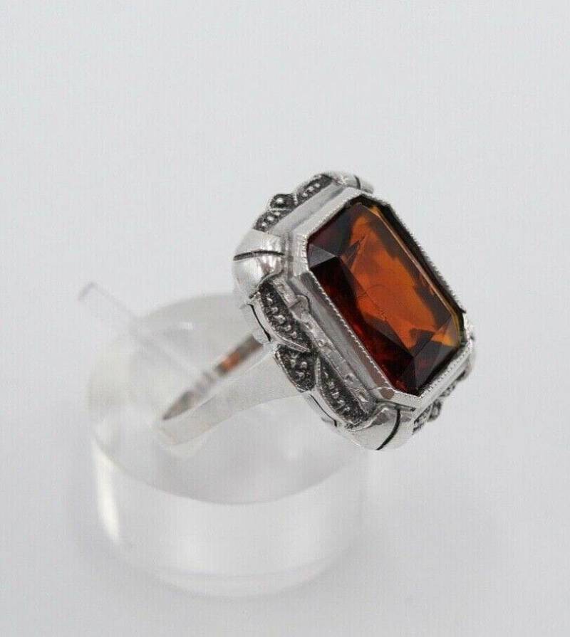 Art Deco Damen Ring Silber 835 Großer Rot Braune Glasstein Scherenschliff Gr. 58 von AntikhandelStuttgart