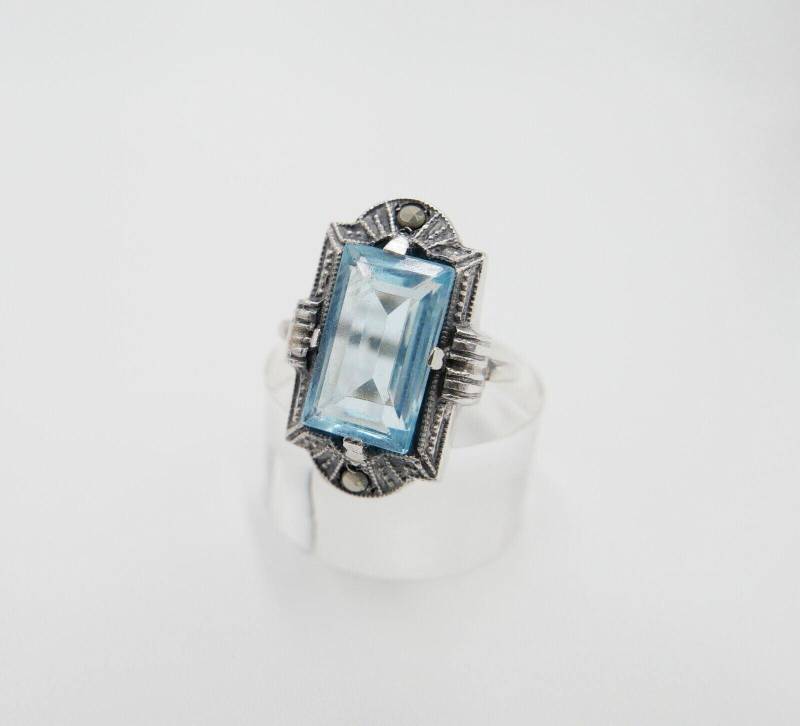 Art Deco Damenring Ring Silber 830 Gr. 53 Mit Markasit Blauer Glasstein von AntikhandelStuttgart