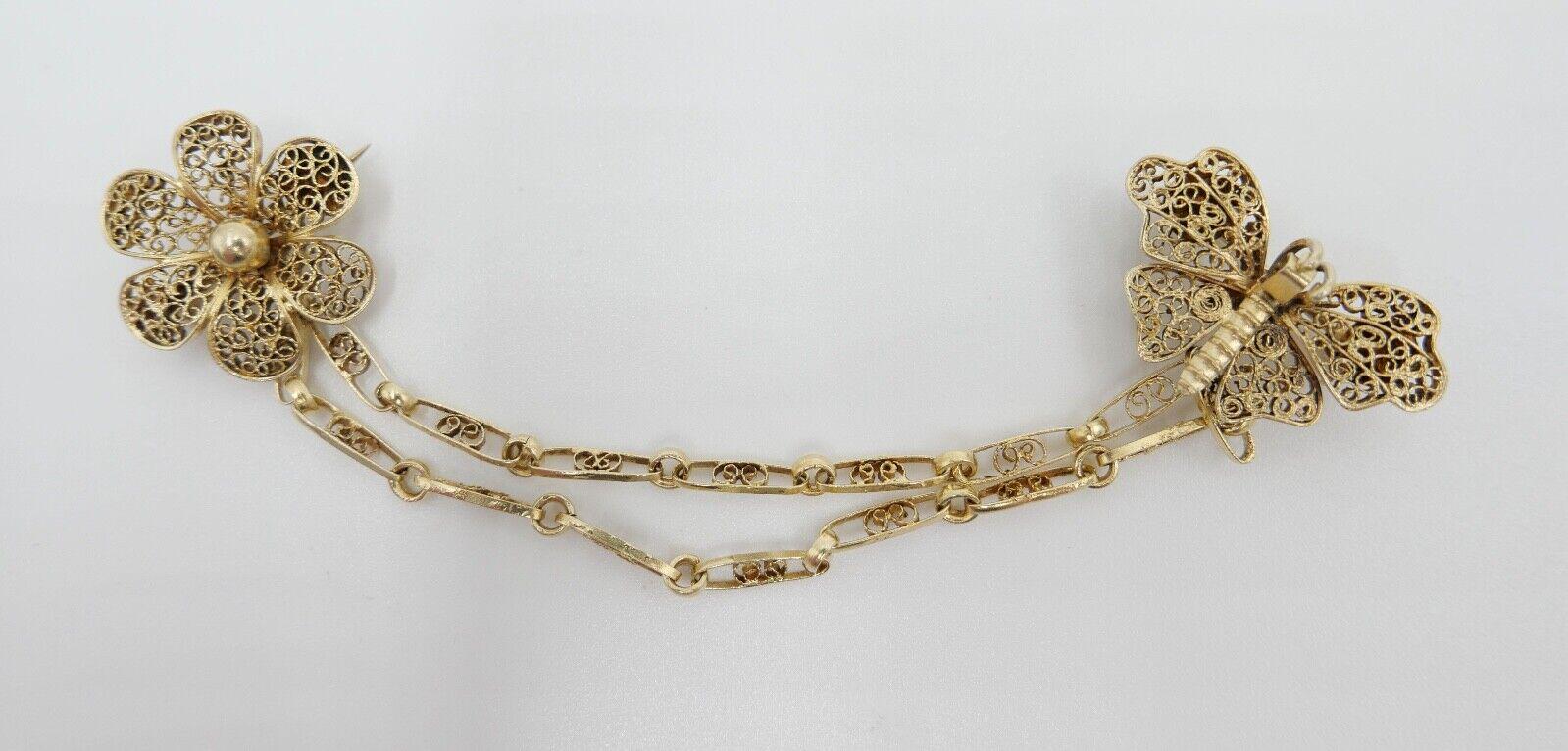 Filigrane 835 Silber Doppel Brosche Vergoldet 10cm Blatt & Schmetterling Motiv von AntikhandelStuttgart