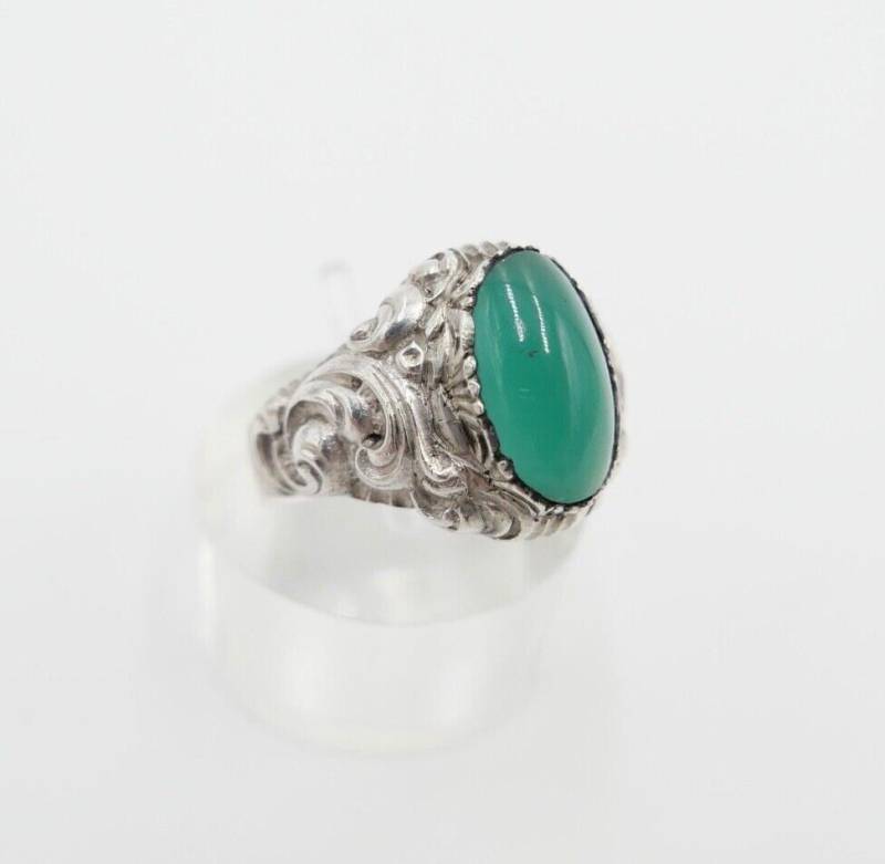 Jugendstil Silberring Damen Ring Gr. 54 Silber 835 Grüner Cabochon Chrysopras von AntikhandelStuttgart